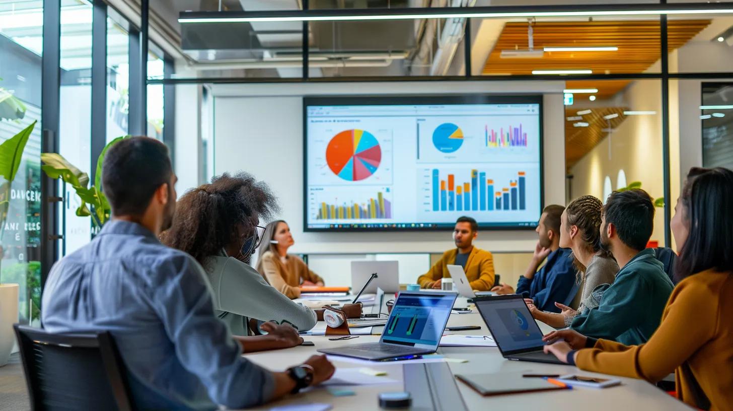 a lively indoor meeting room filled with diverse individuals engaged in animated discussion around a large table, with a whiteboard showcasing colorful graphs and charts illustrating the mechanics of residential chit funds, emphasizing collaboration and community trust.