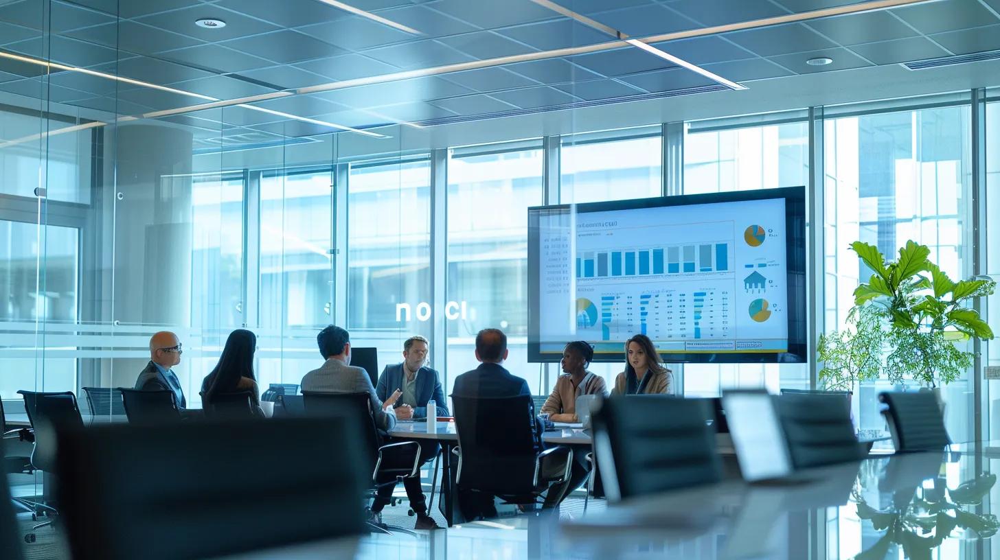 a sleek, modern office conference room features a large digital screen displaying a comparison chart between residential and commercial chit funds, with a diverse group of professionals engaged in a thoughtful discussion.