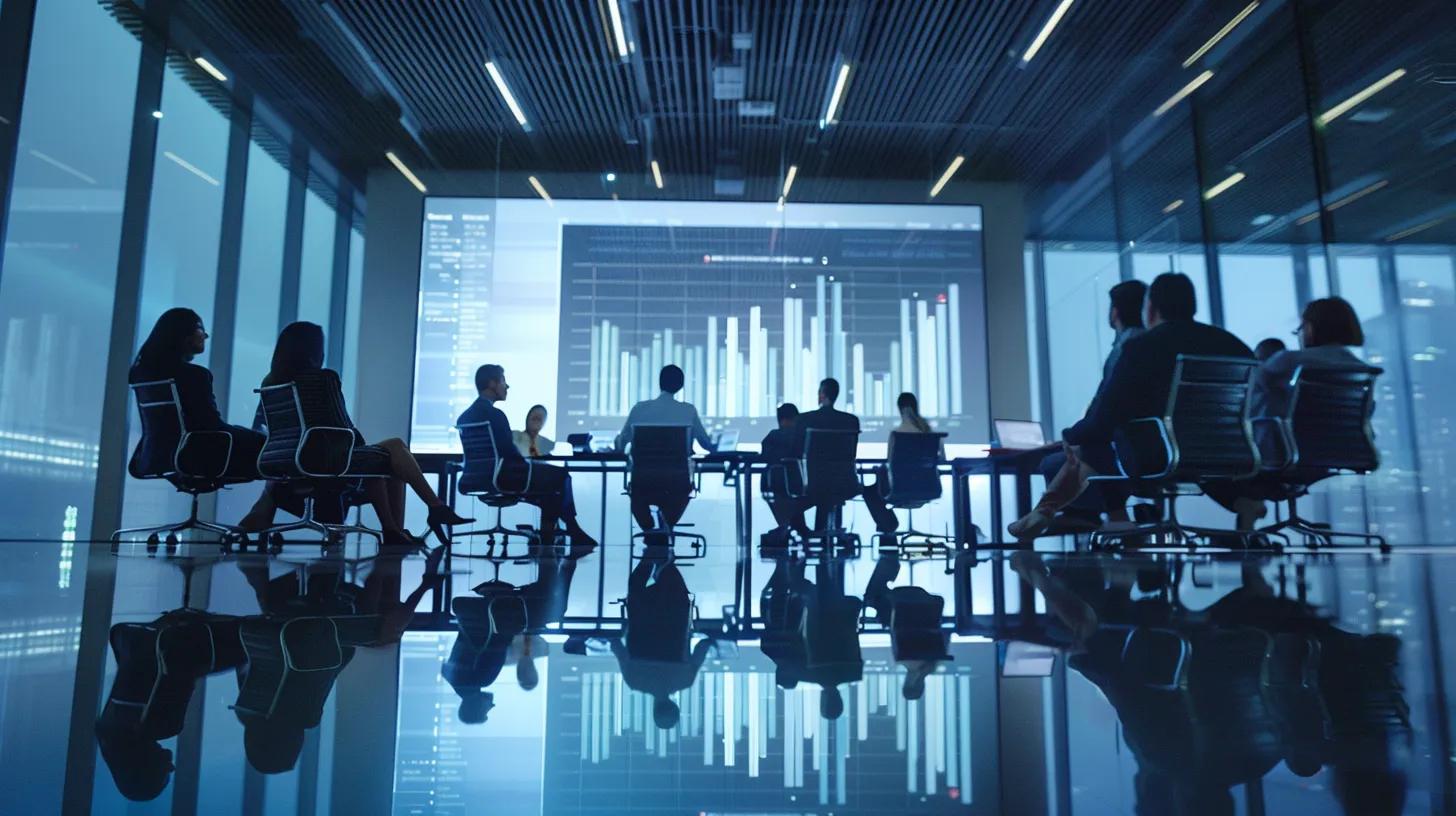 a sleek, modern office conference room features a diverse group of professionals engaged in a serious discussion around a glass table, with financial charts and graphs projected on a large screen, symbolizing the complexities and risks of residential and commercial chit funds.