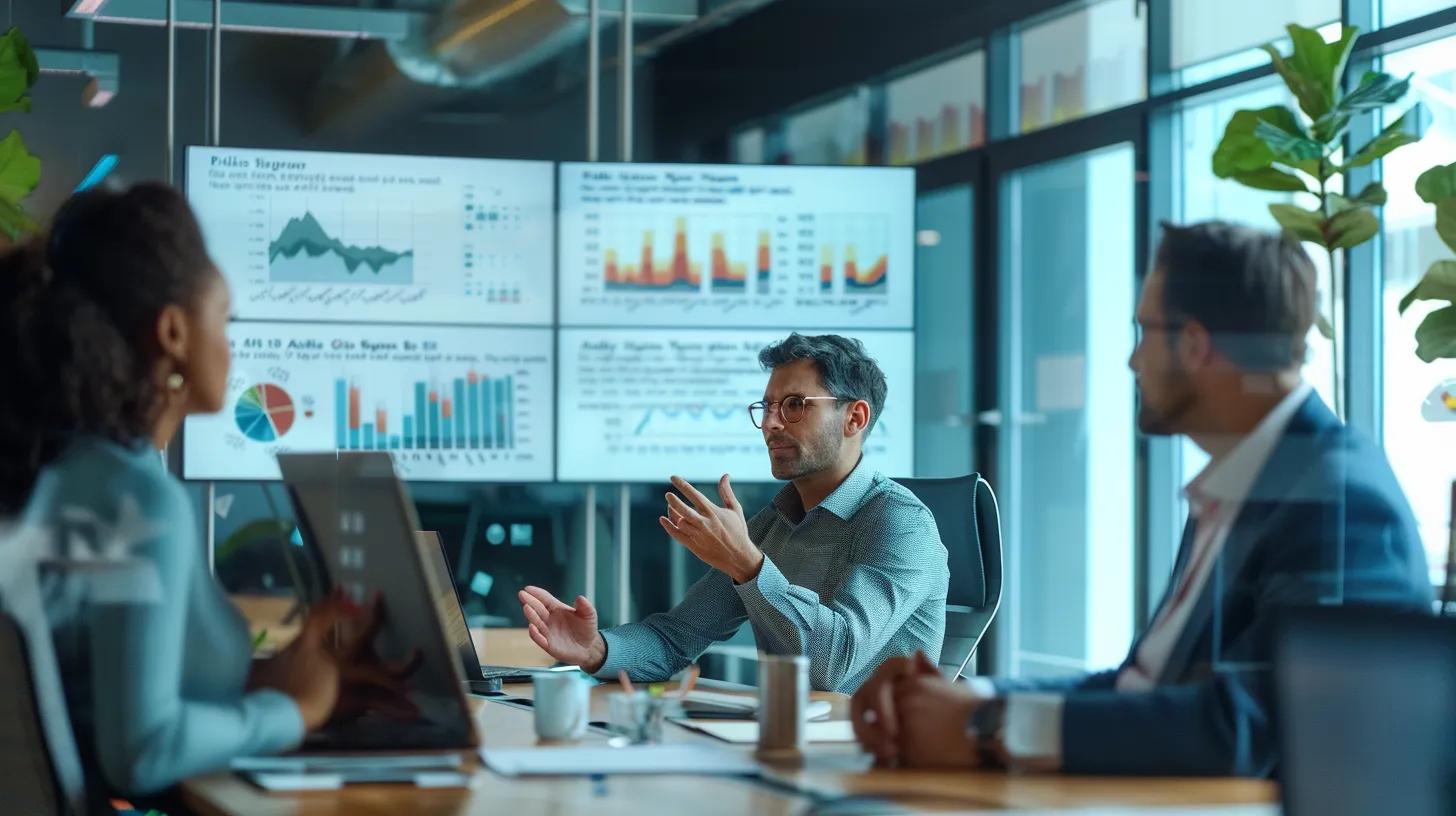 a sleek, modern office space features a confident financial advisor discussing the benefits of residential and commercial chit funds with a diverse group of clients, surrounded by charts and financial projections on digital screens.
